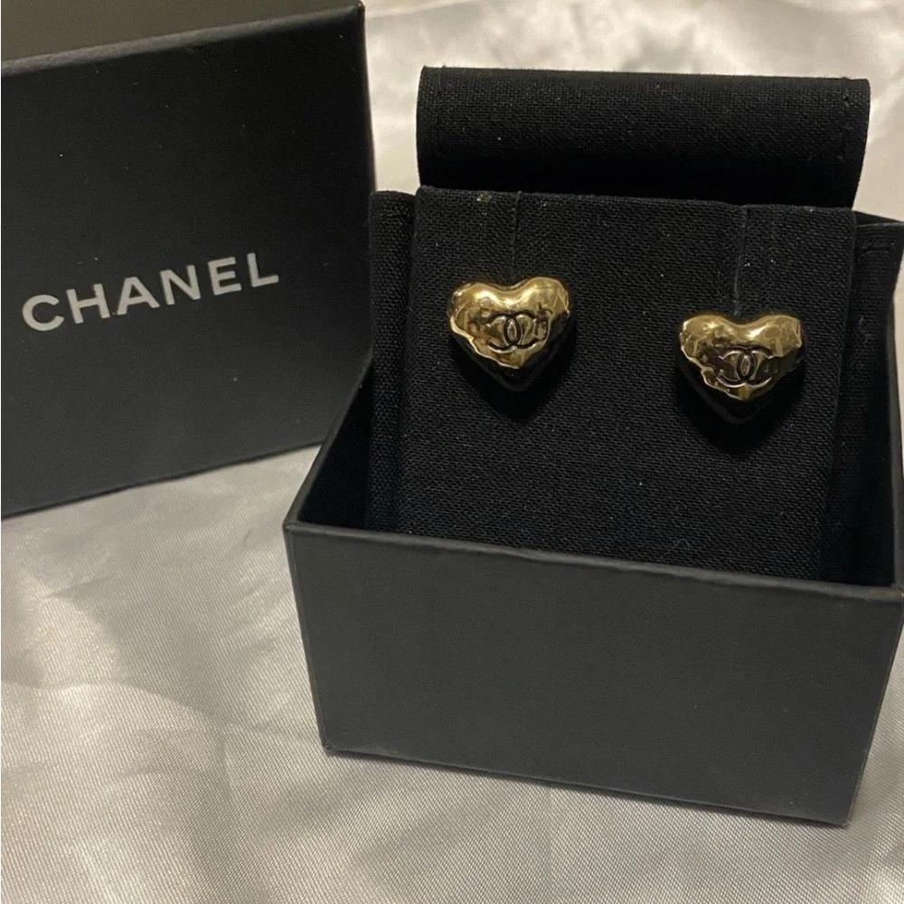 CHANEL Gold Heart Earrings Studs with Black CC Emblem and Paper Insert